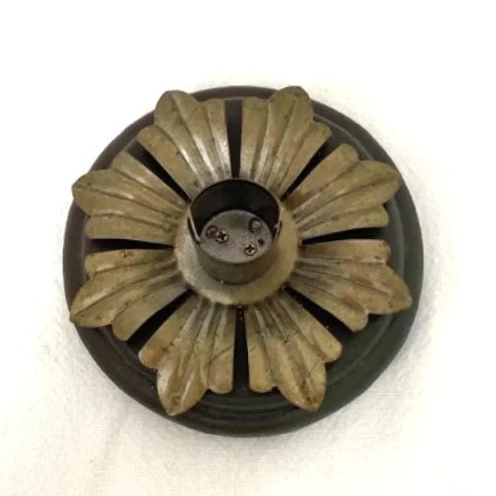Vtg Wood & Metal Taper Candlestick Holder Flower Brown Antique‎ Brass Toned